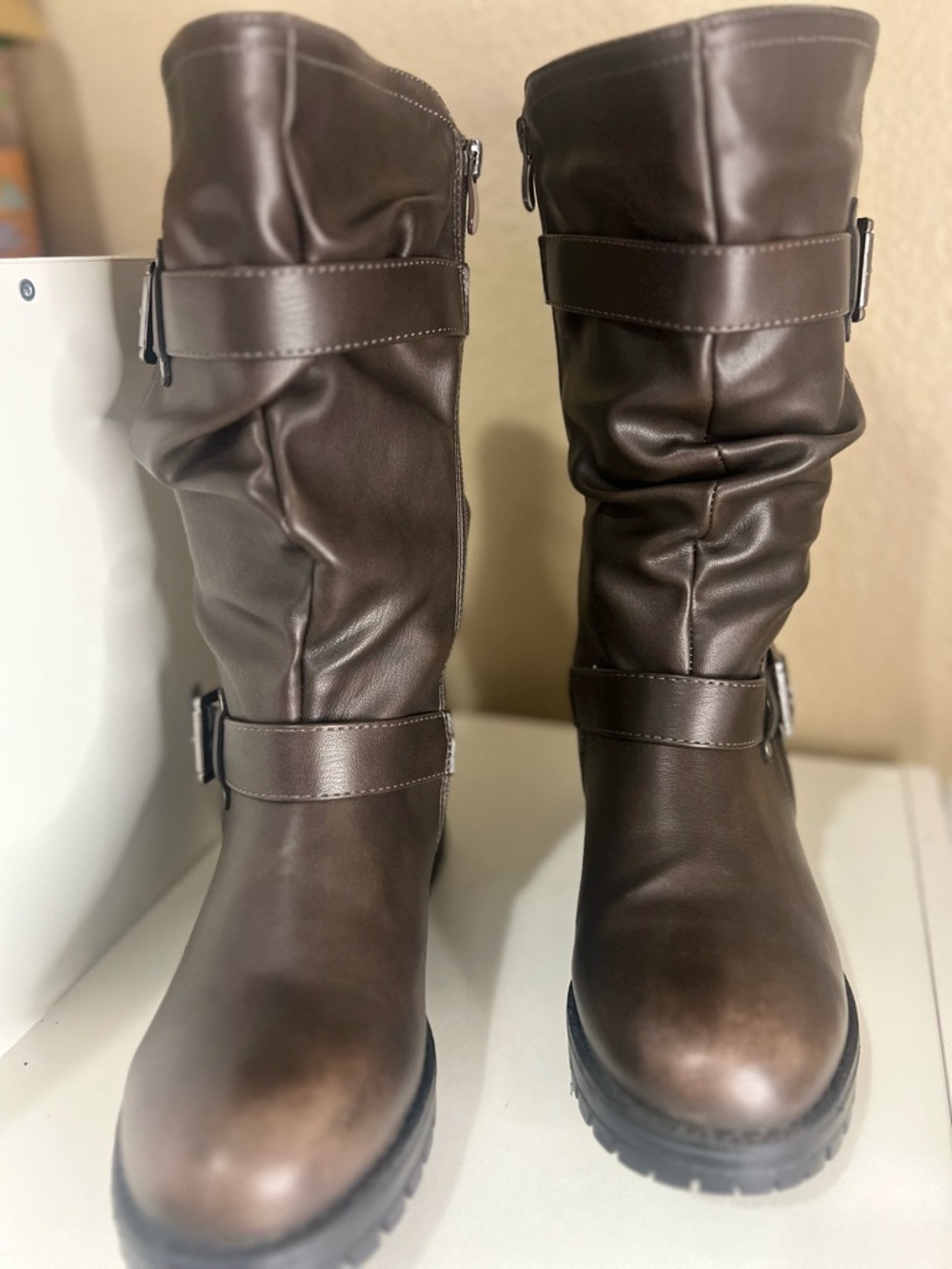Global Win Brown Slouchy Mid-Calf Moto Boots Buckle Detail Size 8